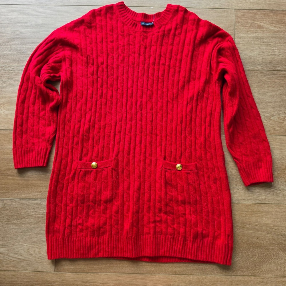 GAP Red Cable Knit Sweater Dress Gold Crest Button, sz Medium